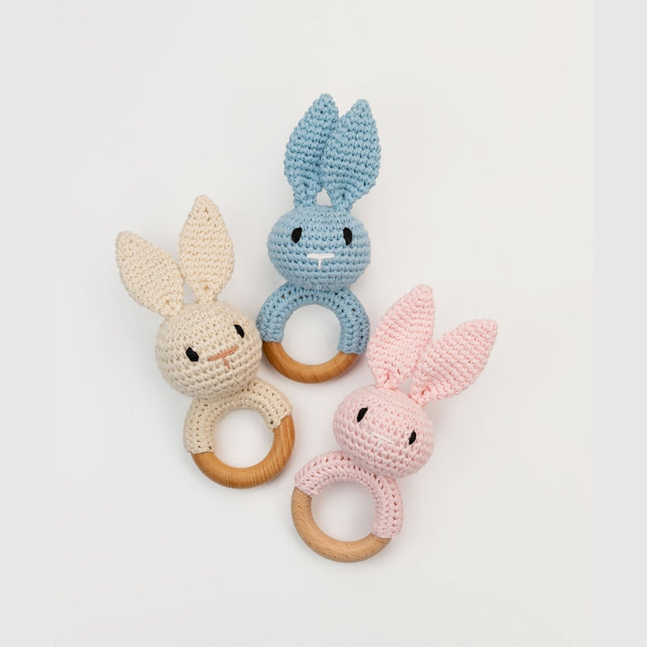 JBØRN Crochet Bunny Baby Rattle Toy | Personalisable in Pink Bunny, sold by JBørn Baby Products Shop, Personalizable by JustBørn