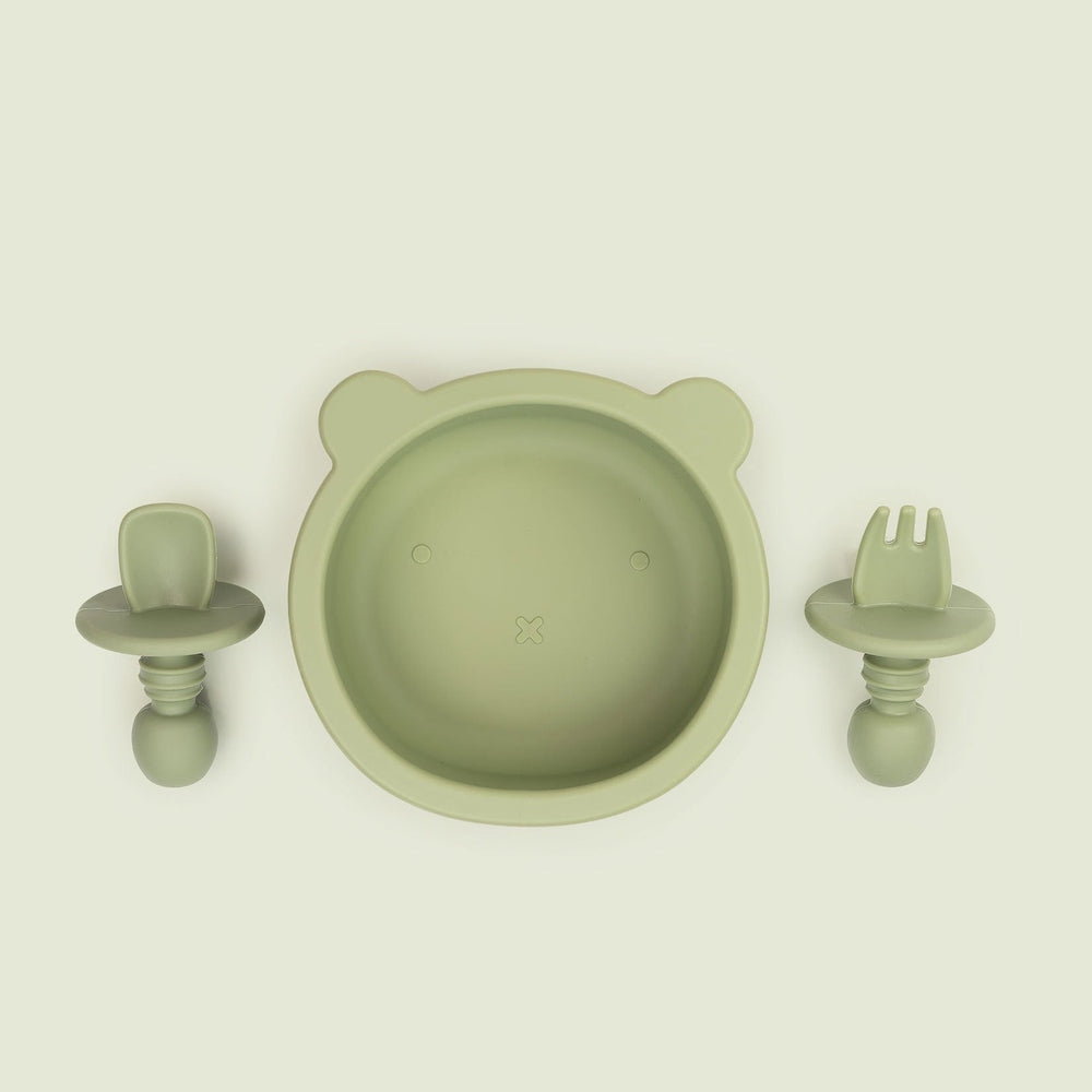 JBØRN Silicone Bowl and Cutlery | Weaning Set | Personalisable in Olive, sold by JBørn Baby Products Shop, Personalizable by JustBørn