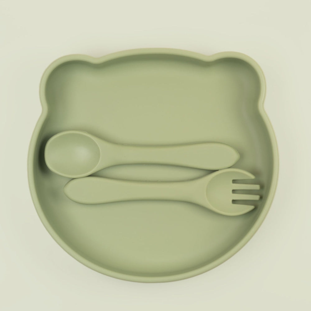 JBØRN Silicone Plate and Cutlery | Weaning Set | Personalisable in Olive, sold by JBørn Baby Products Shop, Personalizable by JustBørn