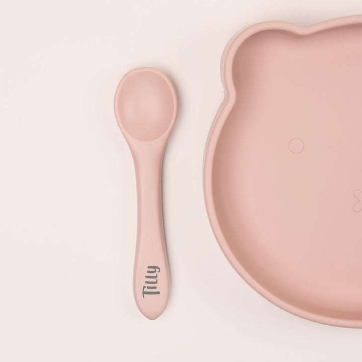 JBØRN Silicone Plate and Cutlery | Weaning Set | Personalisable in Blush, sold by JBørn Baby Products Shop, Personalizable by JustBørn