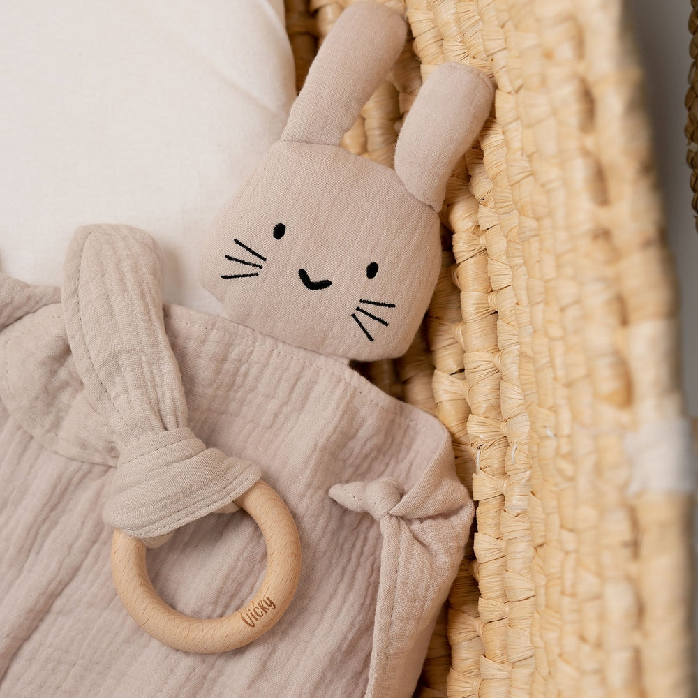JBØRN Organic Cotton Bunny Comforter & Teether Set | Personalisable in Muslin Blush, sold by JBørn Baby Products Shop, Personalizable by JustBørn