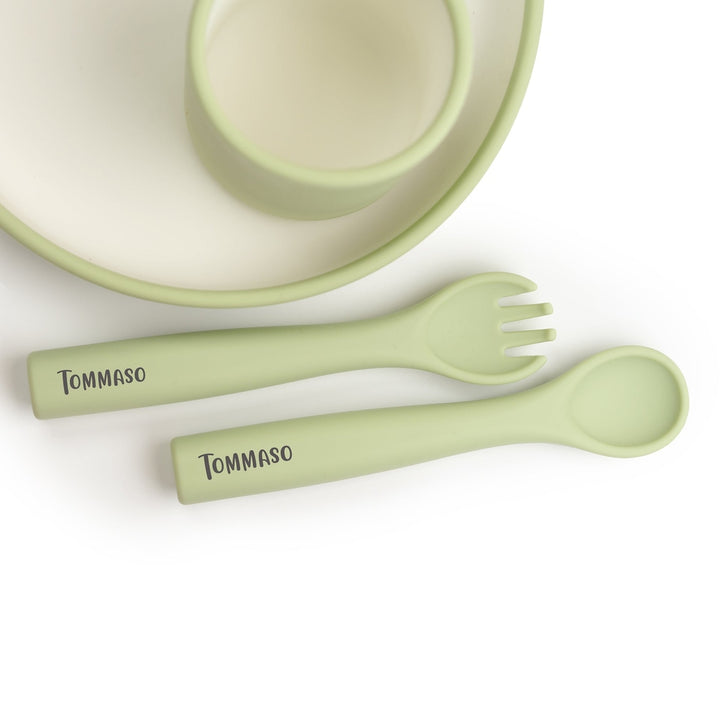 JBØRN Silicone 5 Piece Dinner Set | Personalisable in Pistachio, sold by JBørn Baby Products Shop, Personalizable by JustBørn