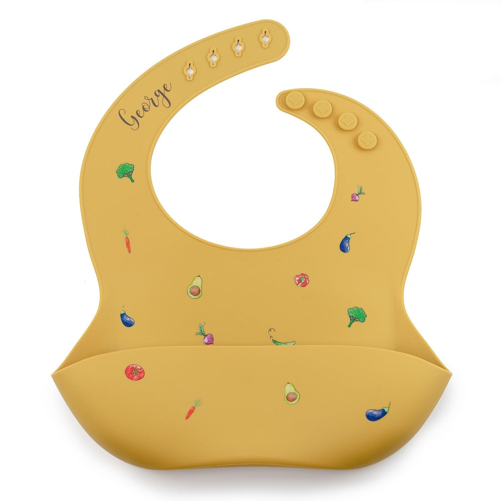 JBØRN Silicone Baby Feeding Bib | Weaning Essentials | Personalisable in Veggies Mustard, sold by JBørn Baby Products Shop, Personalizable by JustBørn
