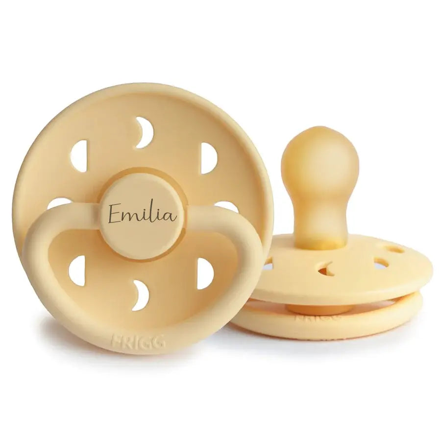 FRIGG Moon Natural Rubber Latex Pacifiers | Personalised in Pale Daffodil, sold by JBørn Baby Products Shop, Personalizable by JustBørn