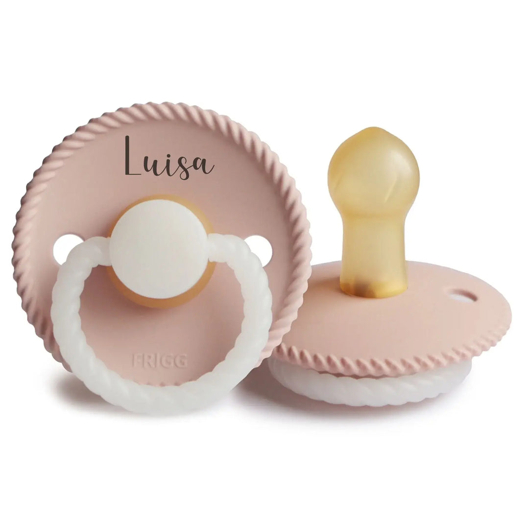 FRIGG Rope Natural Rubber Latex Pacifiers | Personalised in Blush Night Glow, sold by JBørn Baby Products Shop, Personalizable by JustBørn