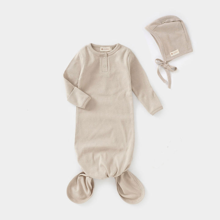 JBØRN Organic Cotton Knotted Baby Gown & Bonnet in Sandstone, sold by JBørn Baby Products Shop, Personalizable by JustBørn