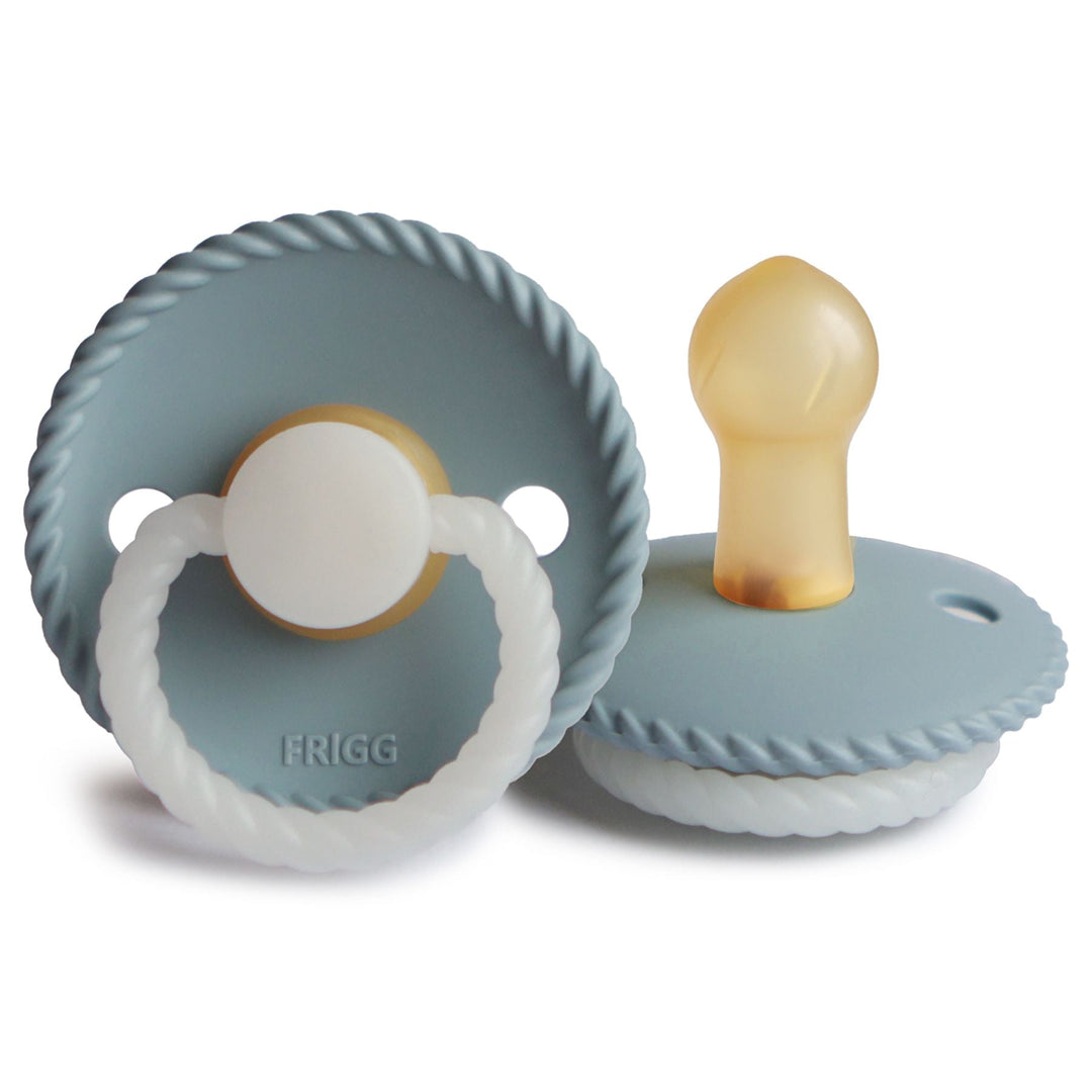 FRIGG Rope Natural Rubber Latex Pacifiers in Stone Blue Night Glow, sold by JBørn Baby Products Shop, Personalizable by JustBørn